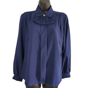 VINTAGE 80s Judy Bond secretary blouse navy blue size 10